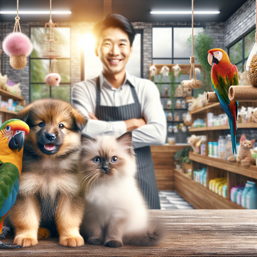 A lively pet shop scene with animals and a shopkeeper, highlighting the concept of pet installment plans.