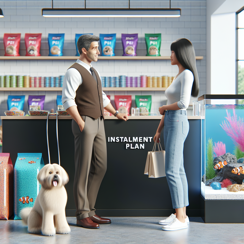 A pet shop interior showing a consultation about installment plans, with a diverse array of pet products and a discussion scene between a shop employee and a customer.