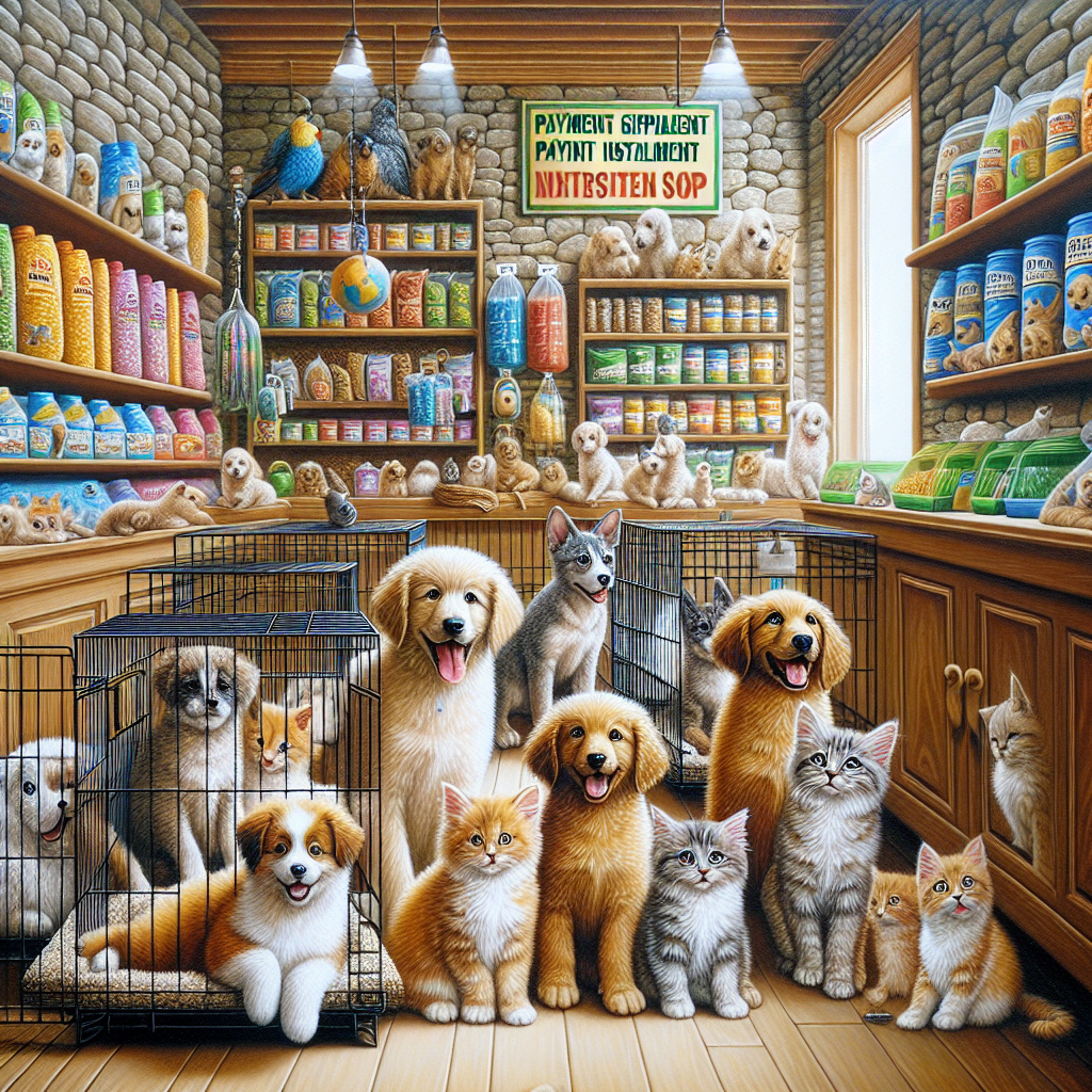 Pet shop scene with puppies, kittens, and pet supplies, highlighting installment plan availability.