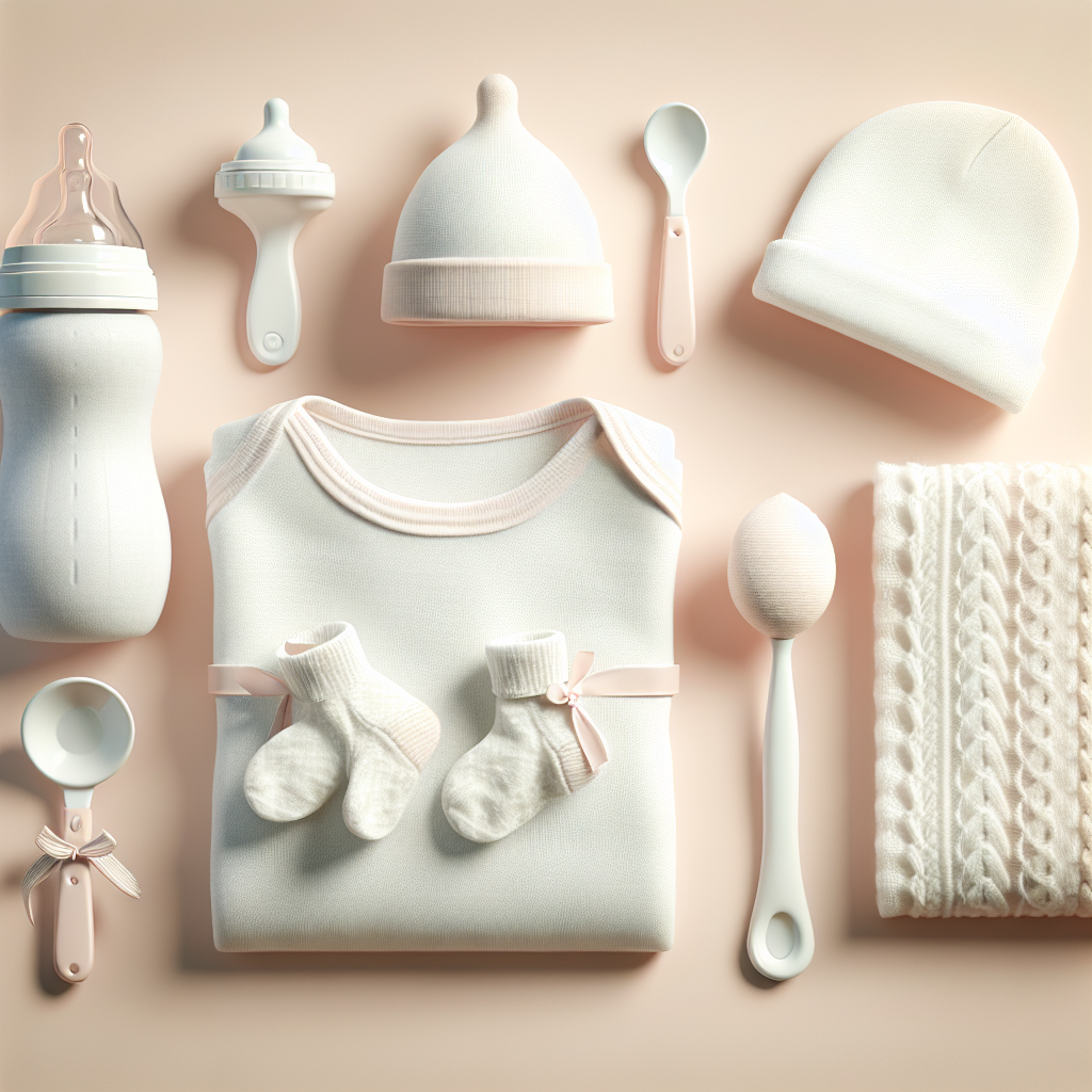 An array of baby accessories including a onesie, bottle warmer, and feeding tools in a realistic style.