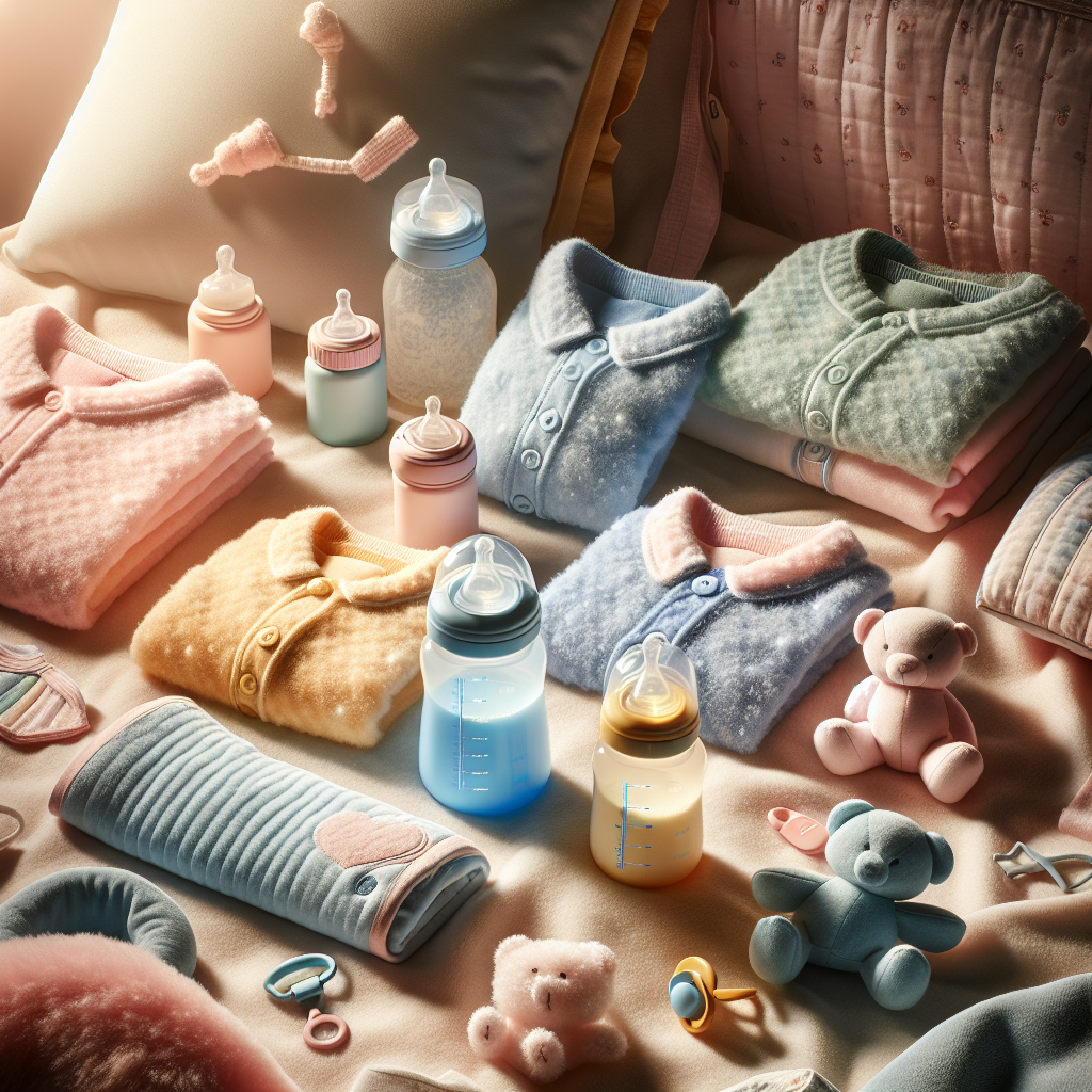 A collection of baby accessories, including onesies, a bottle, a pacifier, and a plush bear.