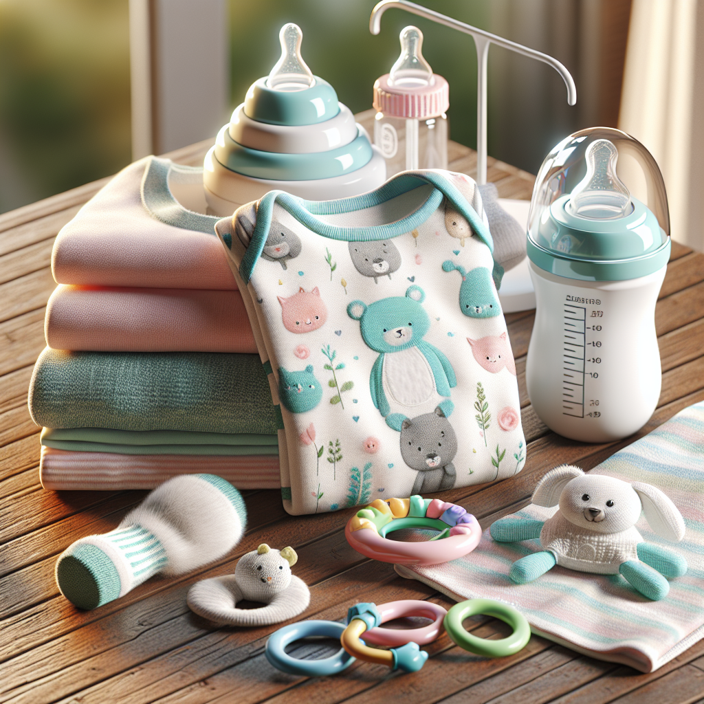 Realistic image of baby accessories including a onesie, bottle warmer, and teething ring.