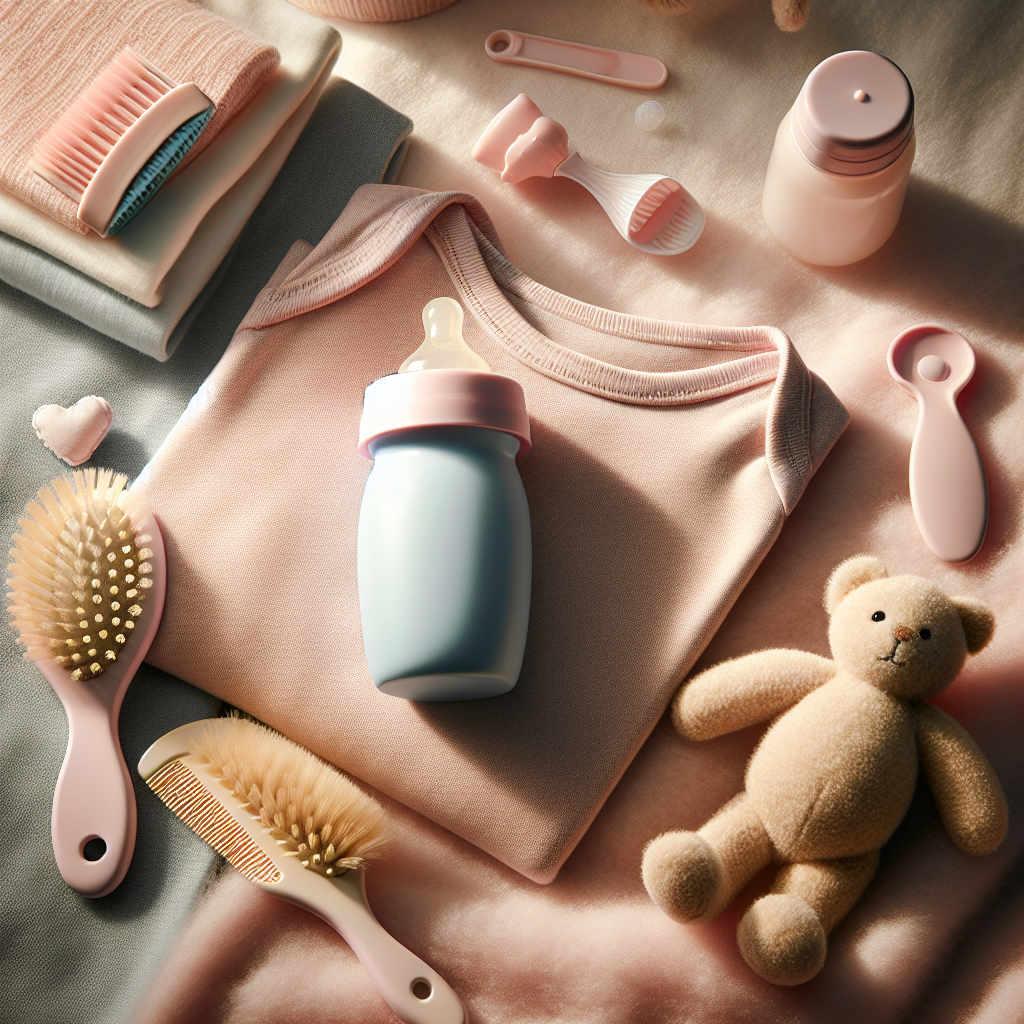Various baby accessories on a pastel blanket, including a onesie, bottle, brush, and plush toy.