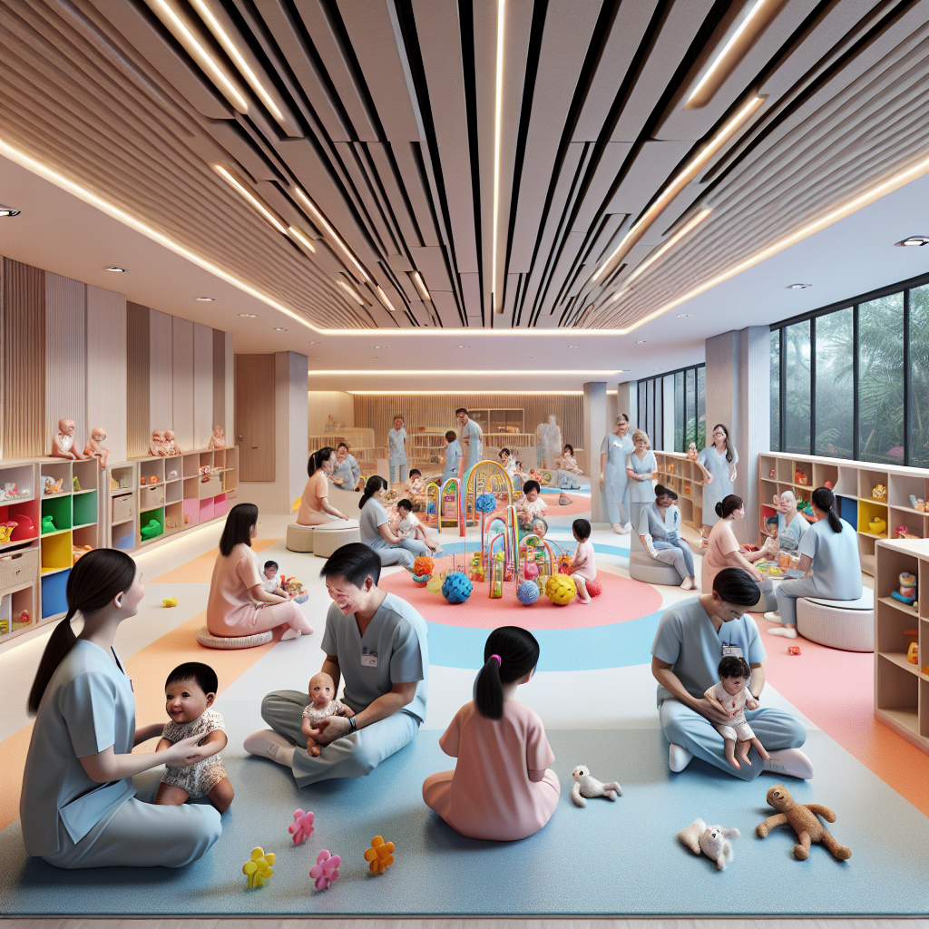 Modern infant care center in Singapore, showing staff and infants in a nurturing environment.