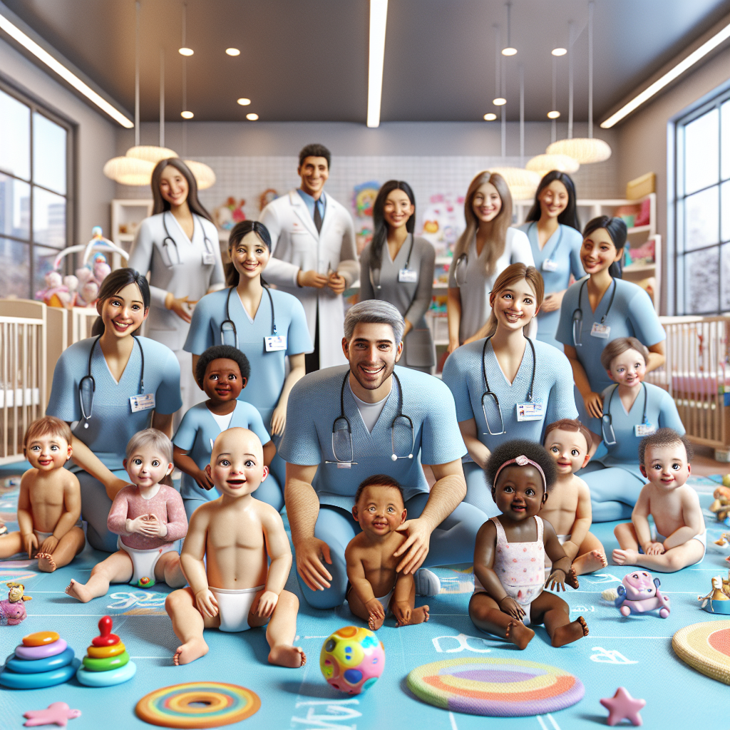 A realistic depiction of an infant care center in Singapore with staff and infants.