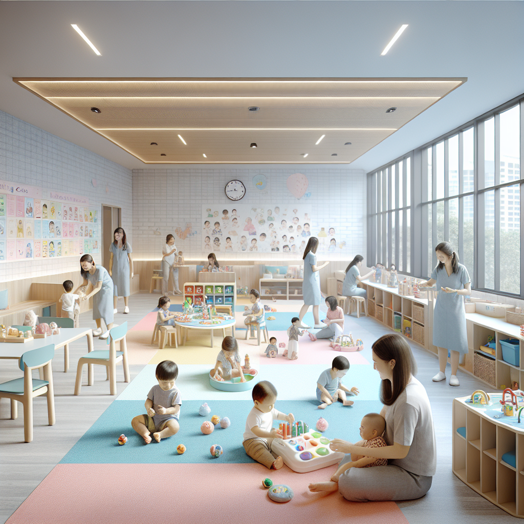 A realistic image of an infant care center in Singapore with caregivers and infants.