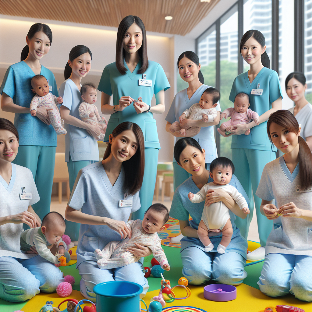 Infant care in Singapore with caregivers and infants in a nurturing environment.