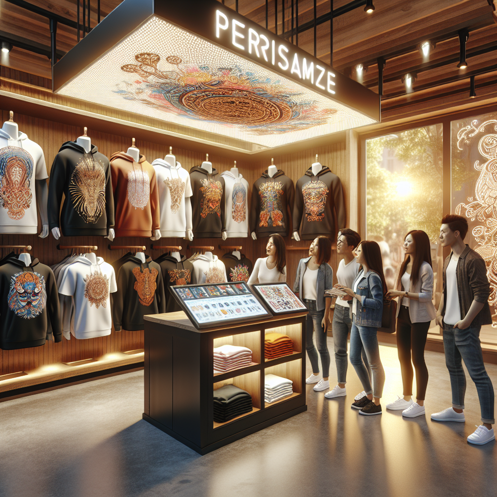 Realistic depiction of UNIQLO personalization in a modern retail setting, highlighting customizable clothing options with diverse, happy customers.