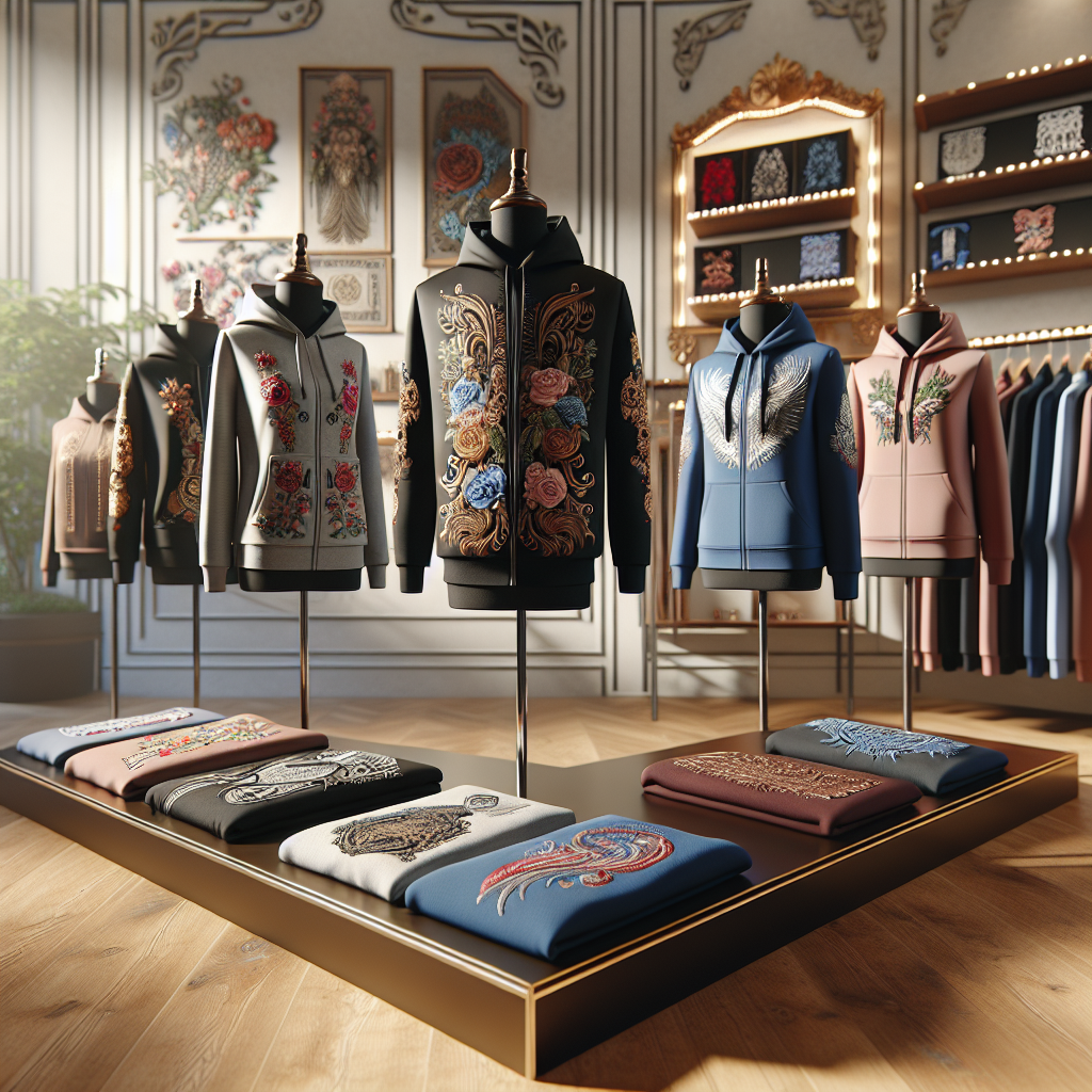 A display of personalized UNIQLO apparel with embroidery and design variations.