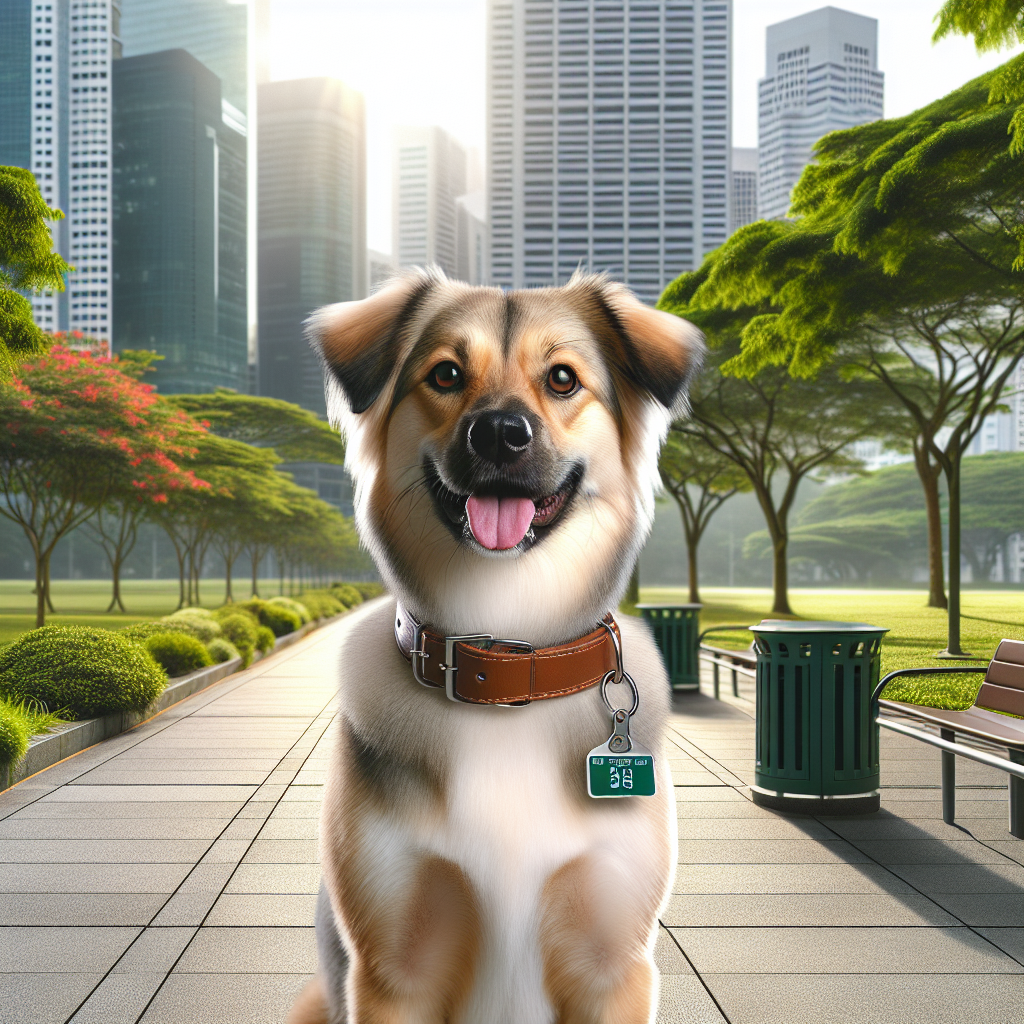 A dog in an urban Singaporean park highlighting responsible pet ownership.