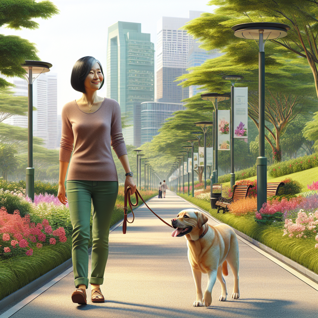 A person walking a Labrador Retriever in a Singaporean park, displaying responsible dog ownership.