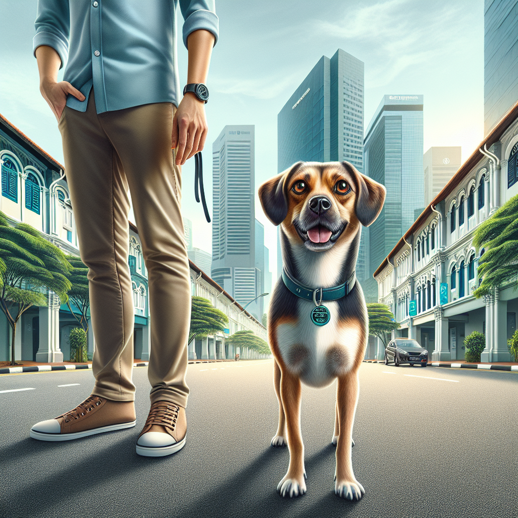 A realistic image of a dog with its owner on a clean Singapore street, showcasing responsible pet ownership.