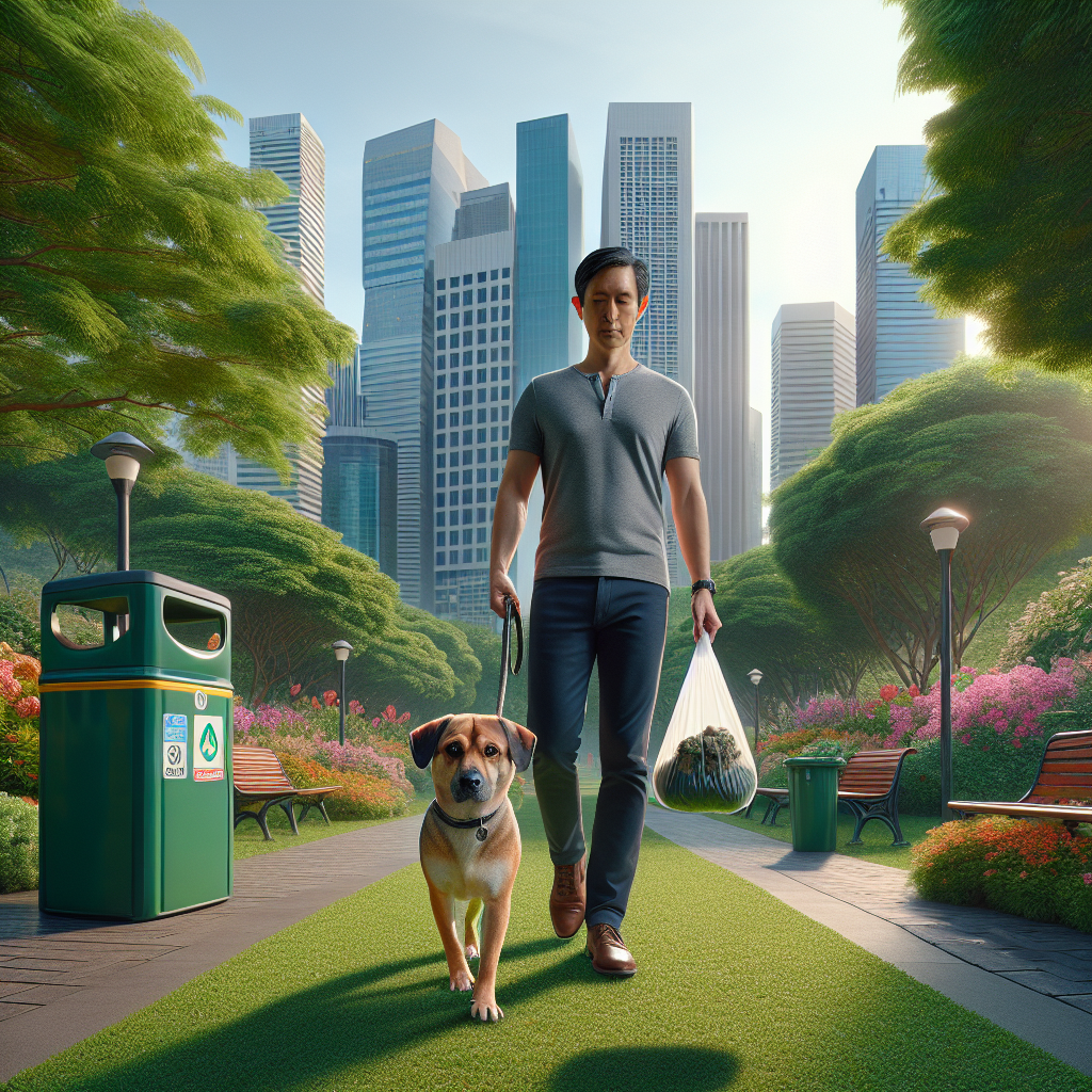 A responsible dog owner walking a dog in a clean urban park in Singapore.
