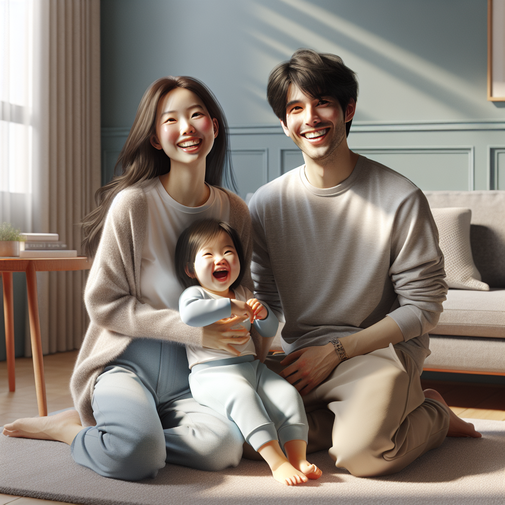 A realistic image of a happy family with a toddler in a cozy living room.