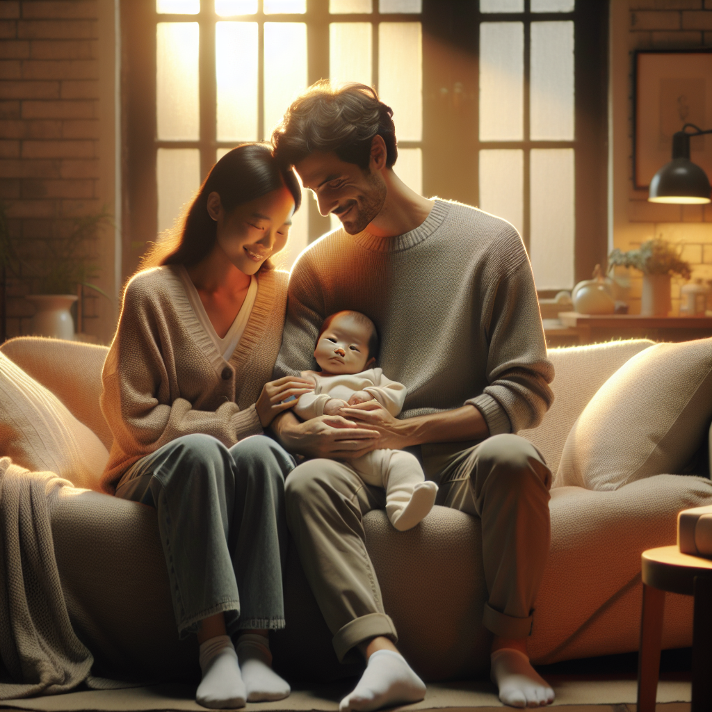 A family with parents and a baby sitting on a couch, displaying warmth and bonding.