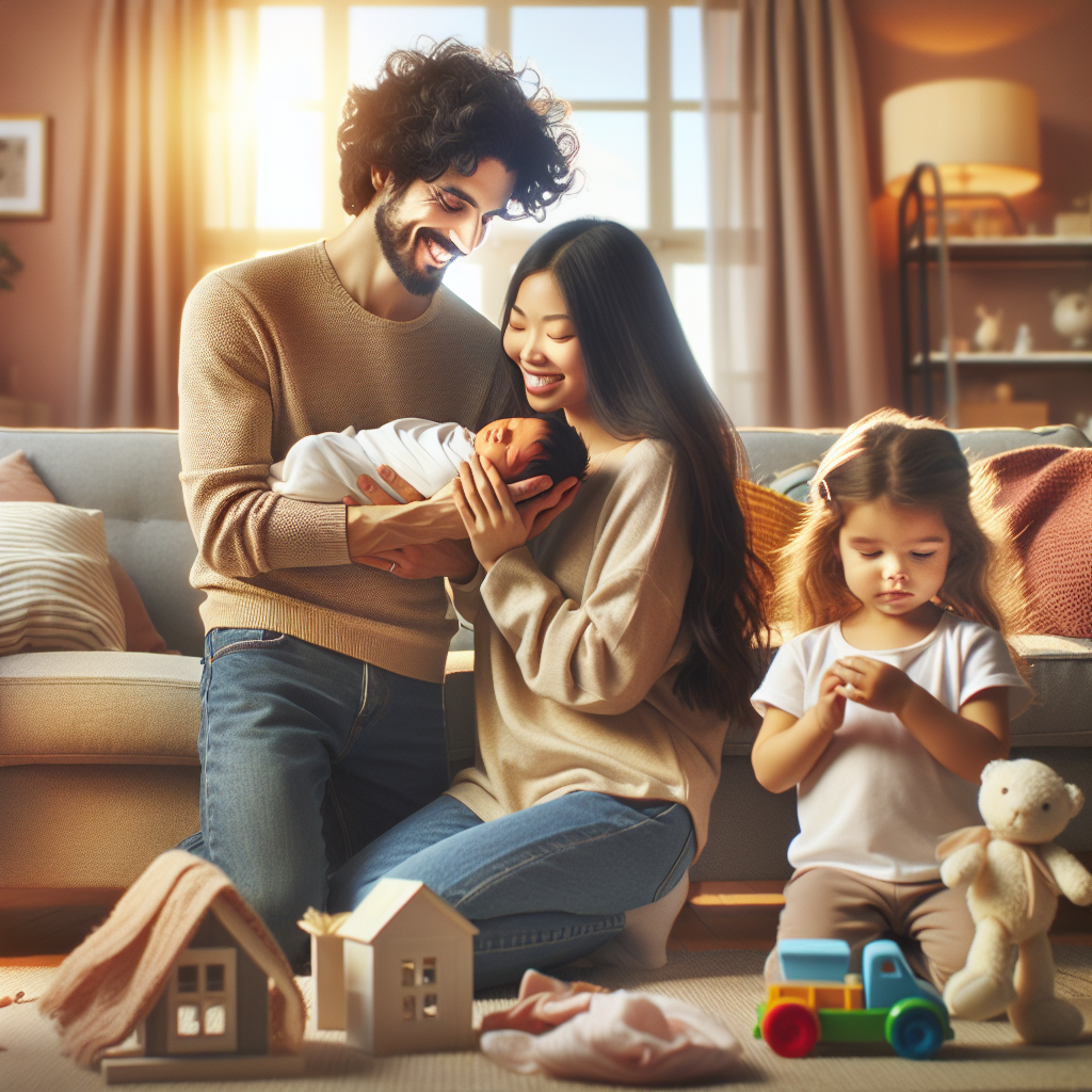 A family with parents and two small children in a cozy living room, enjoying a warm moment.
