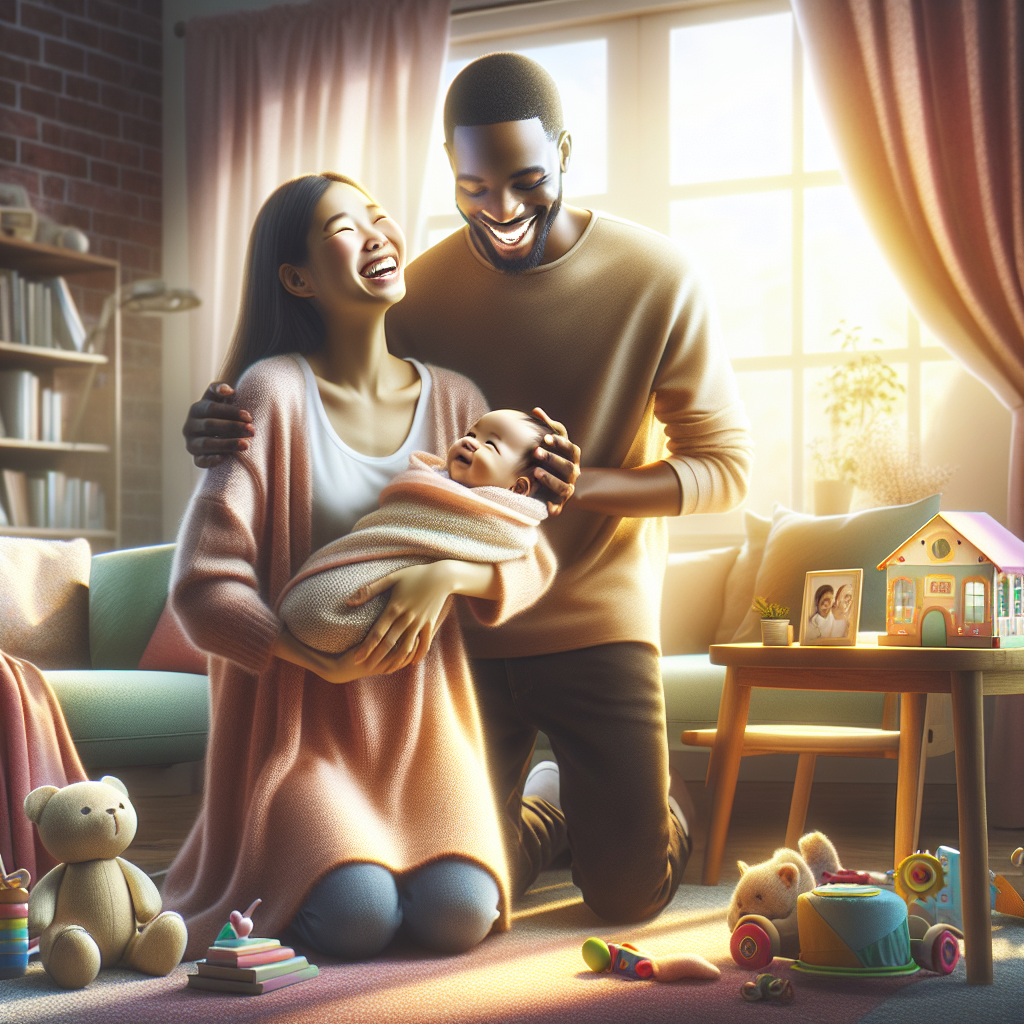 A diverse family scene in a cozy, sunlit room with parents holding an infant, symbolizing the Baby Bonus Scheme.