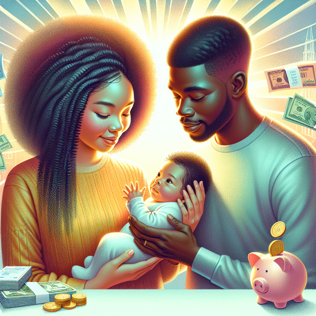 A diverse family with a newborn, symbolizing the Baby Bonus Program with financial elements.