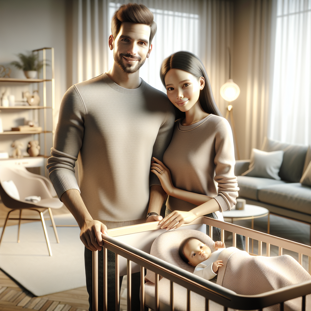 A diverse family with a newborn baby in a modern living room, showcasing parental joy and unity.