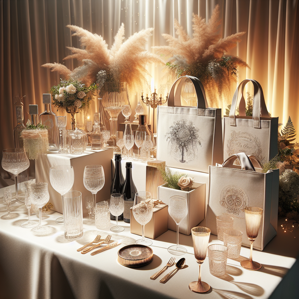 A realistic display of customized wedding gifts on a white tablecloth, including engraved glassware and bespoke tote bags.
