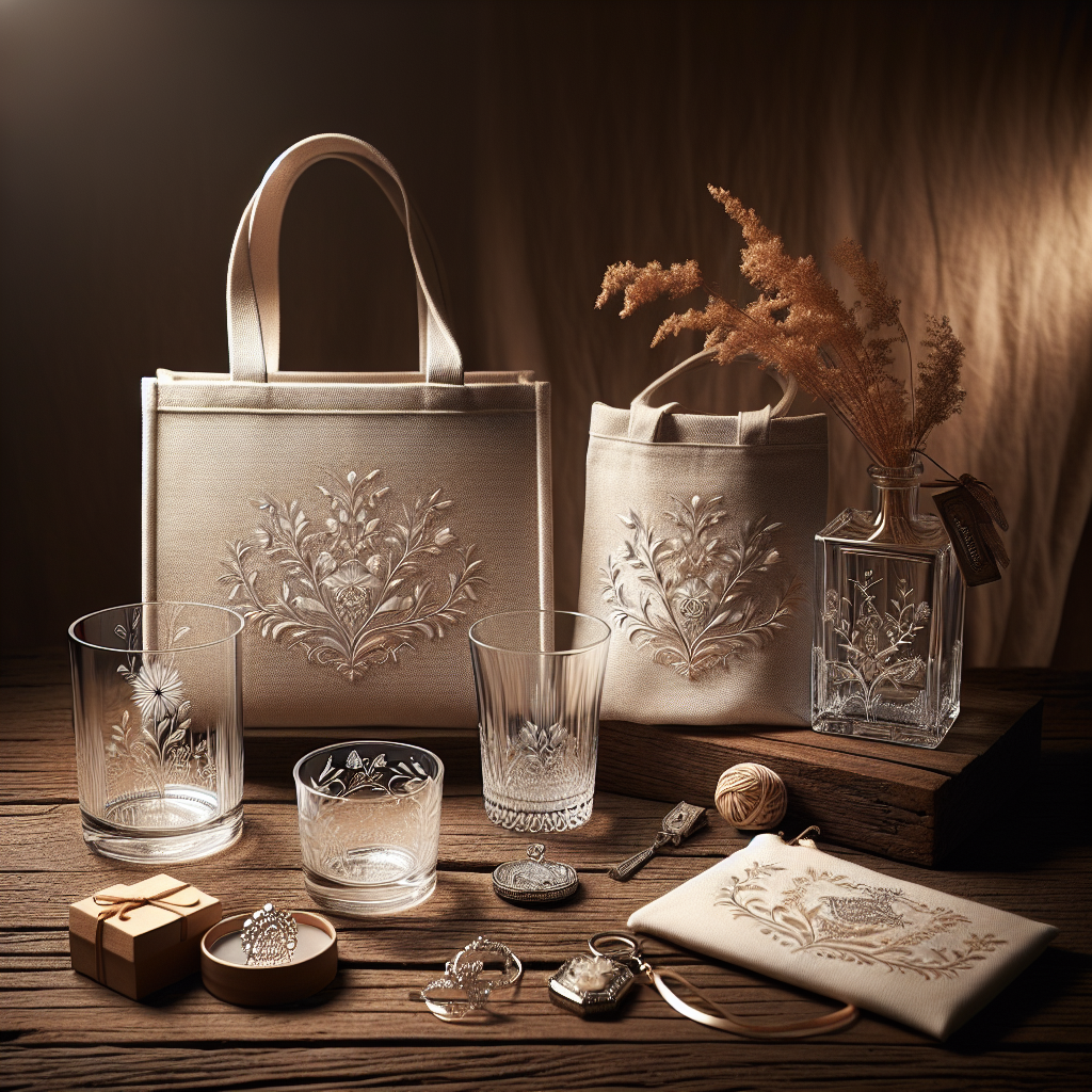 Customised wedding gifts including engraved glassware, a tote bag, and a trinket on a table.