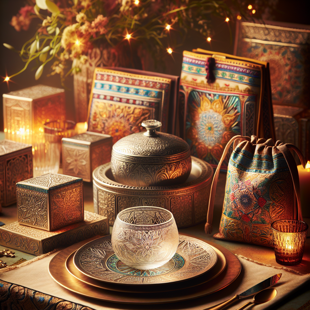 Realistic depiction of a wedding table with customized gifts.