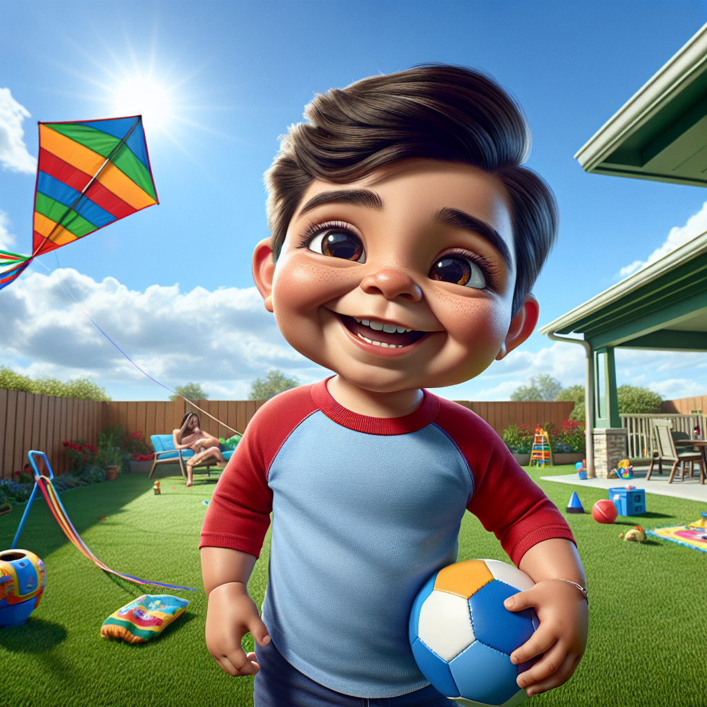A happy child playing safely in a vibrant backyard landscape.