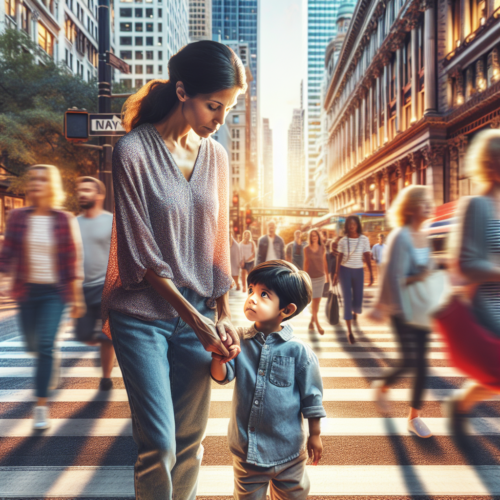 A parent guiding a child across a city street, symbolizing protection.