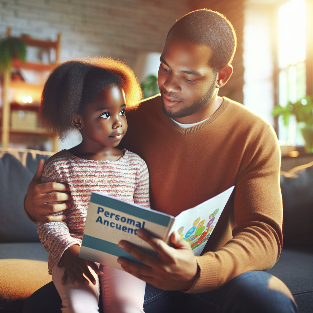 Parent and child discussing personal accident insurance in a cozy living room.