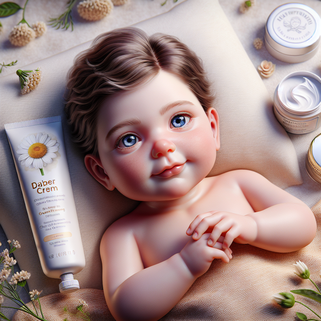 A baby lying on a light-colored blanket surrounded by diaper cream and natural soothing ingredients.