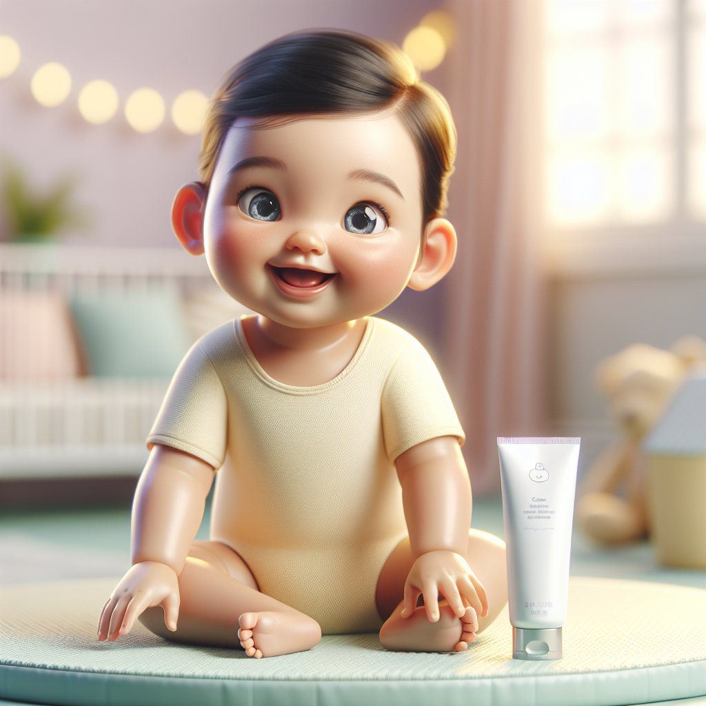 A baby sitting on a play mat with a tube of diaper cream nearby, smiling happily.