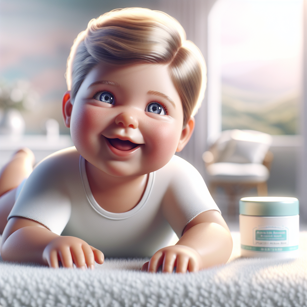 A happy baby lying on a blanket with a tub of diaper cream nearby.