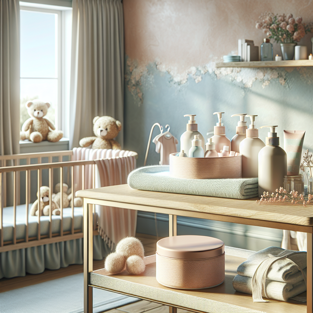 A serene nursery scene with a changing table filled with baby diaper creams and a crib in the background.