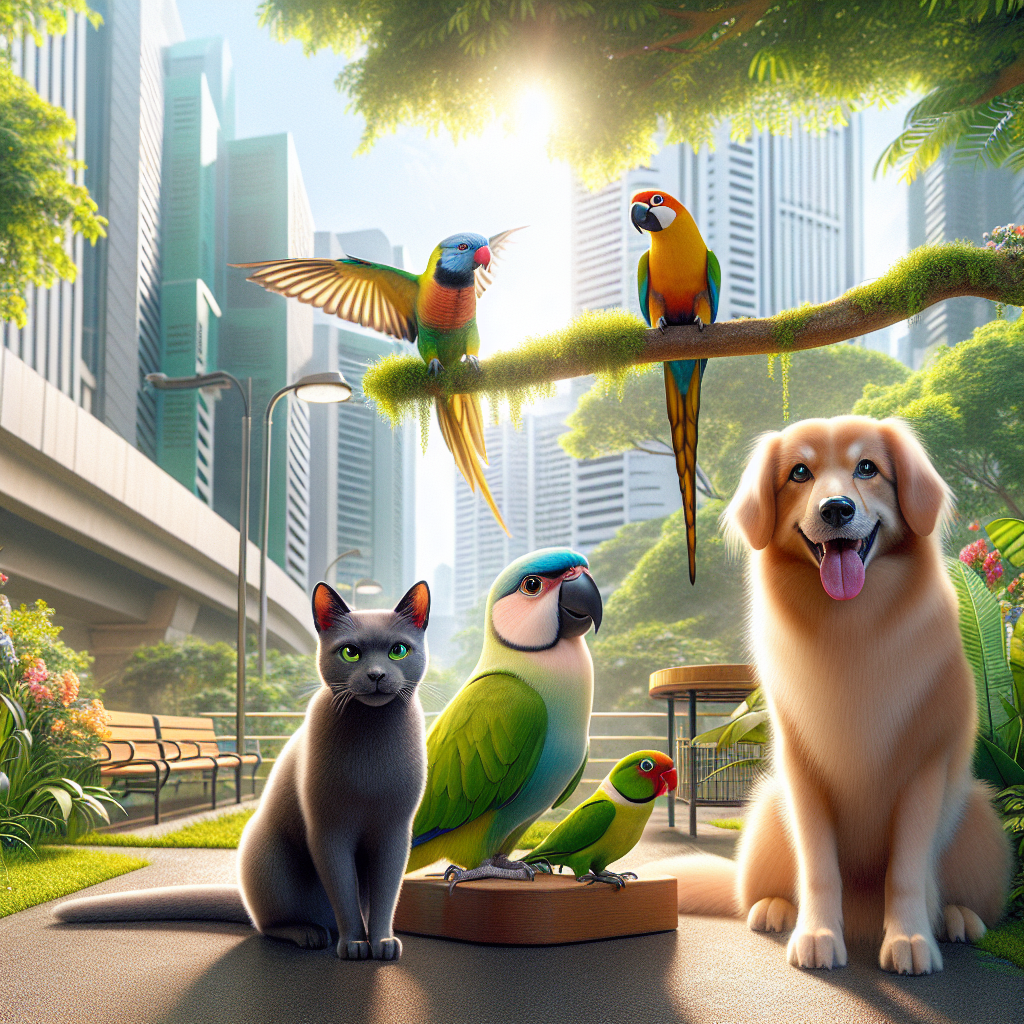 A group of pets including a dog, cat, and parakeet in an urban environment in Singapore.