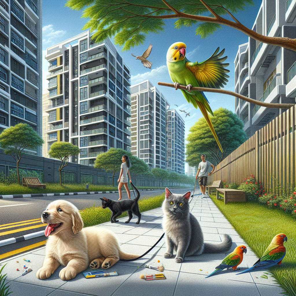 A diverse scene of pet ownership in Singapore with a puppy, cat, and parakeet in an urban setting.
