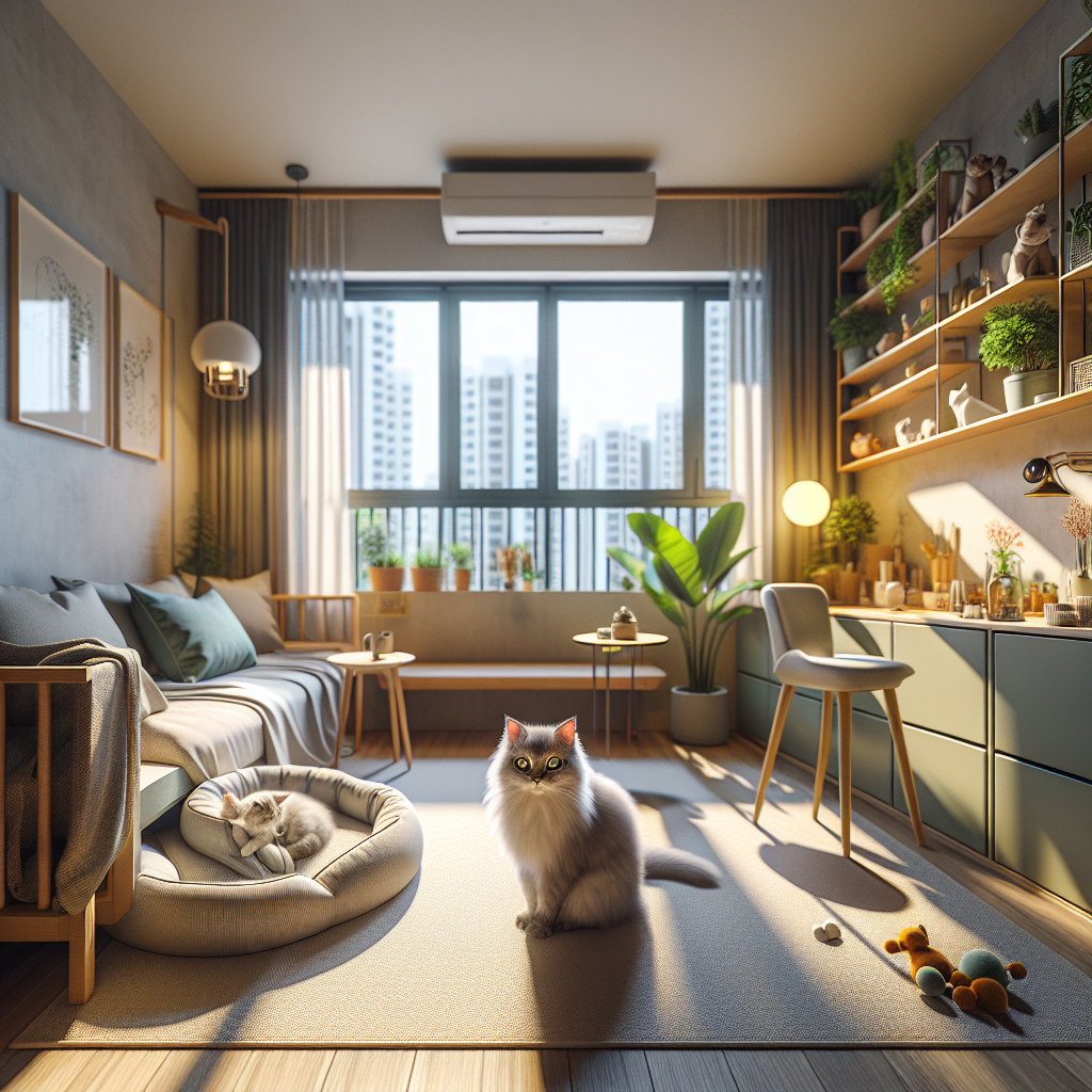 A cat lounging in a cozy urban apartment in Singapore.