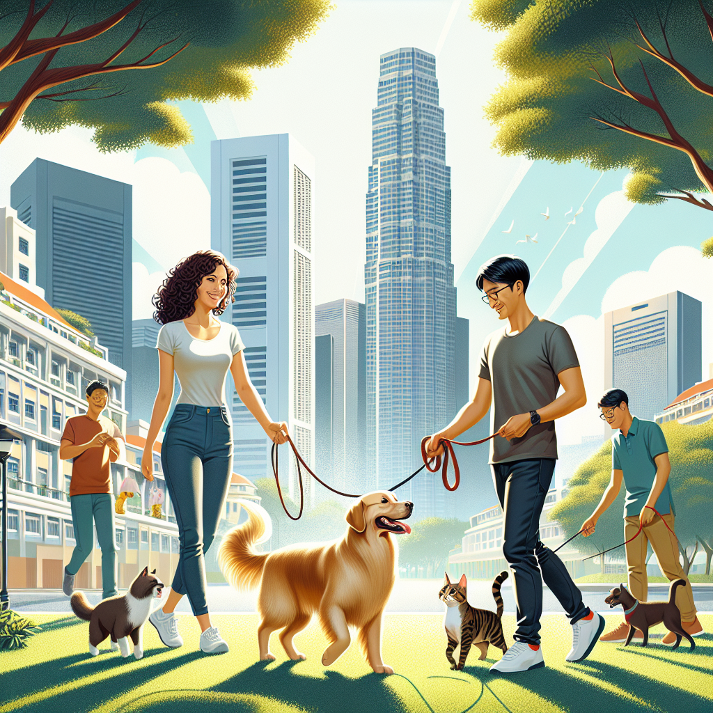 A vibrant urban scene in Singapore emphasizing pet ownership culture.