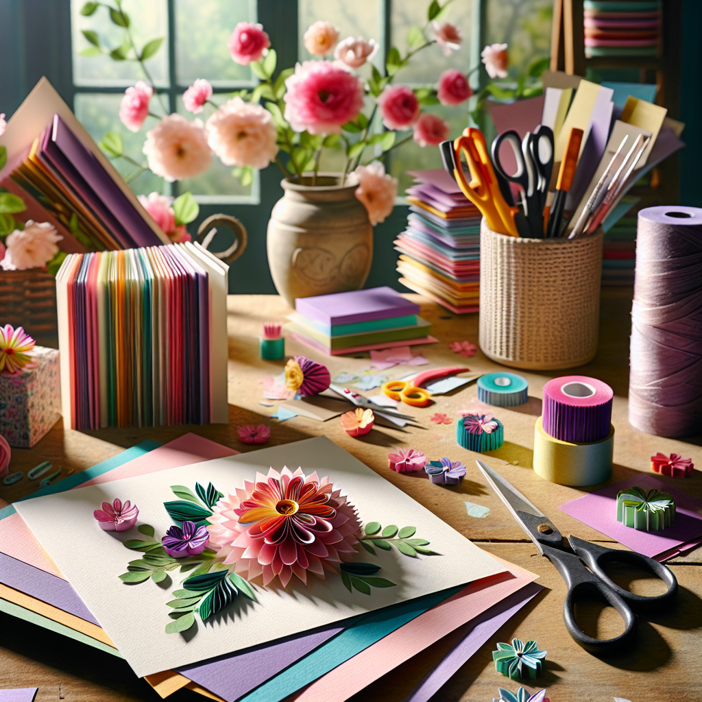 A crafting scene for Mother's Day with colorful papers, scissors, and a handmade card.