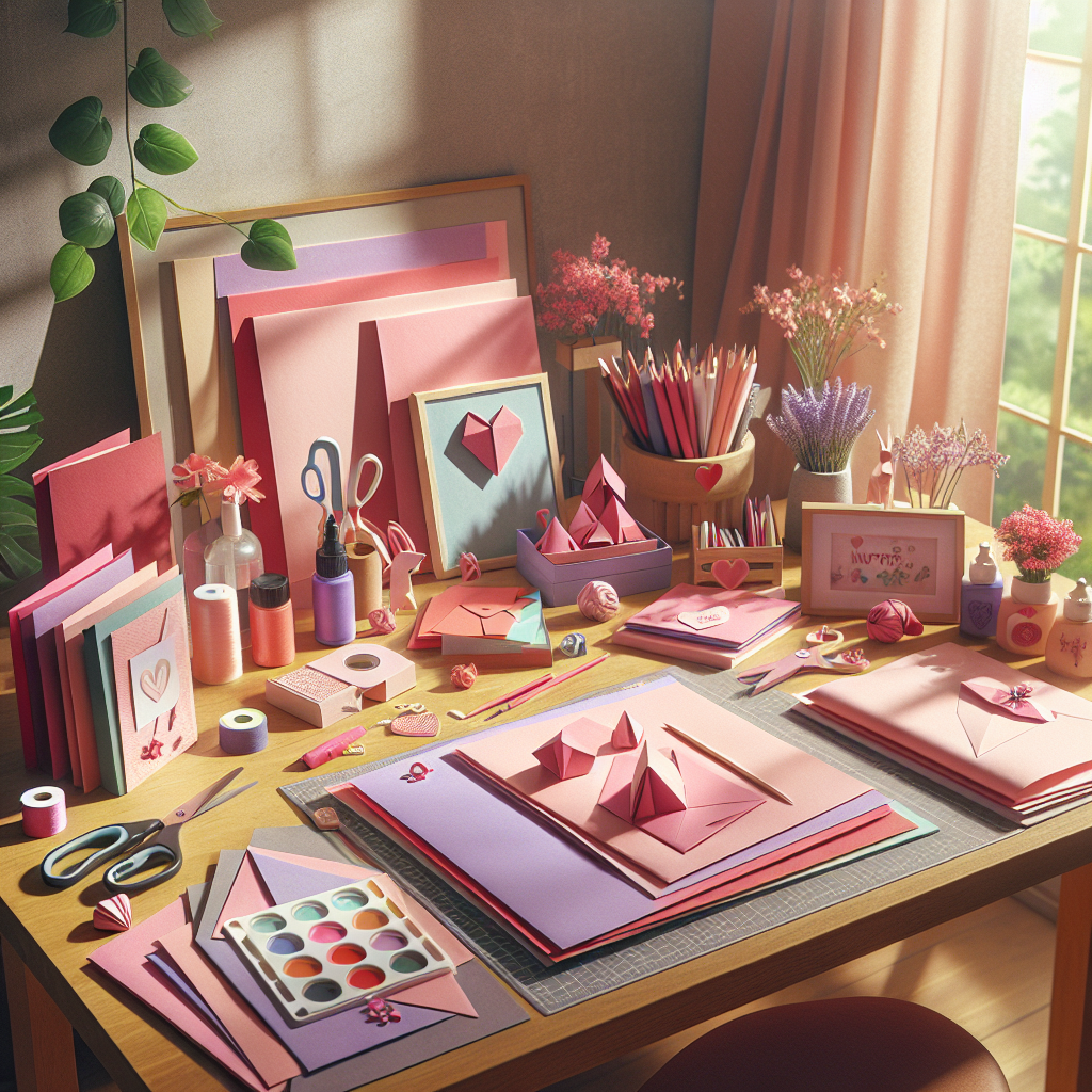 A crafting scene with colorful papers, scissors, and handmade Mother's Day gifts.