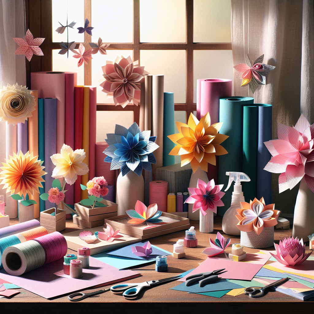 A cozy crafting space with colorful paper, scissors, and handmade gifts.