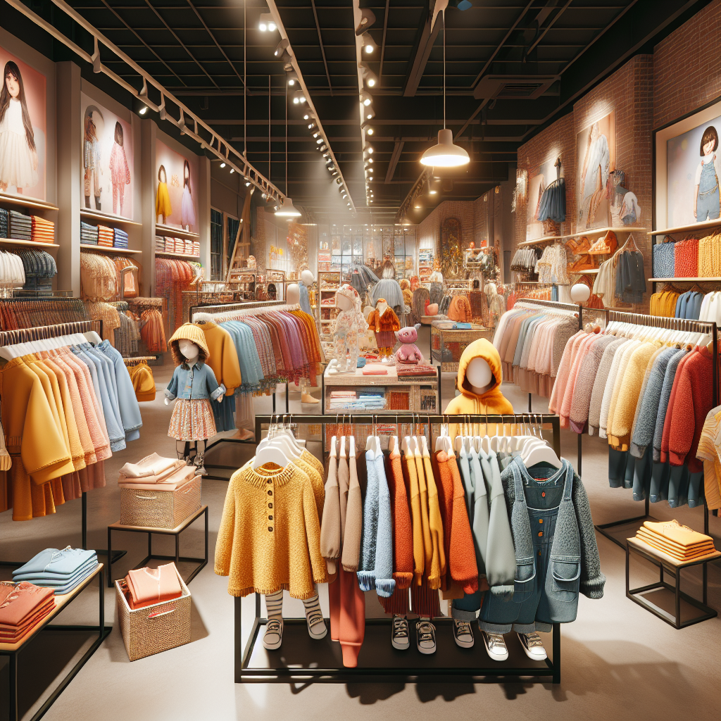 A colorful children's clothing store filled with diverse apparel and cheerful decorations.
