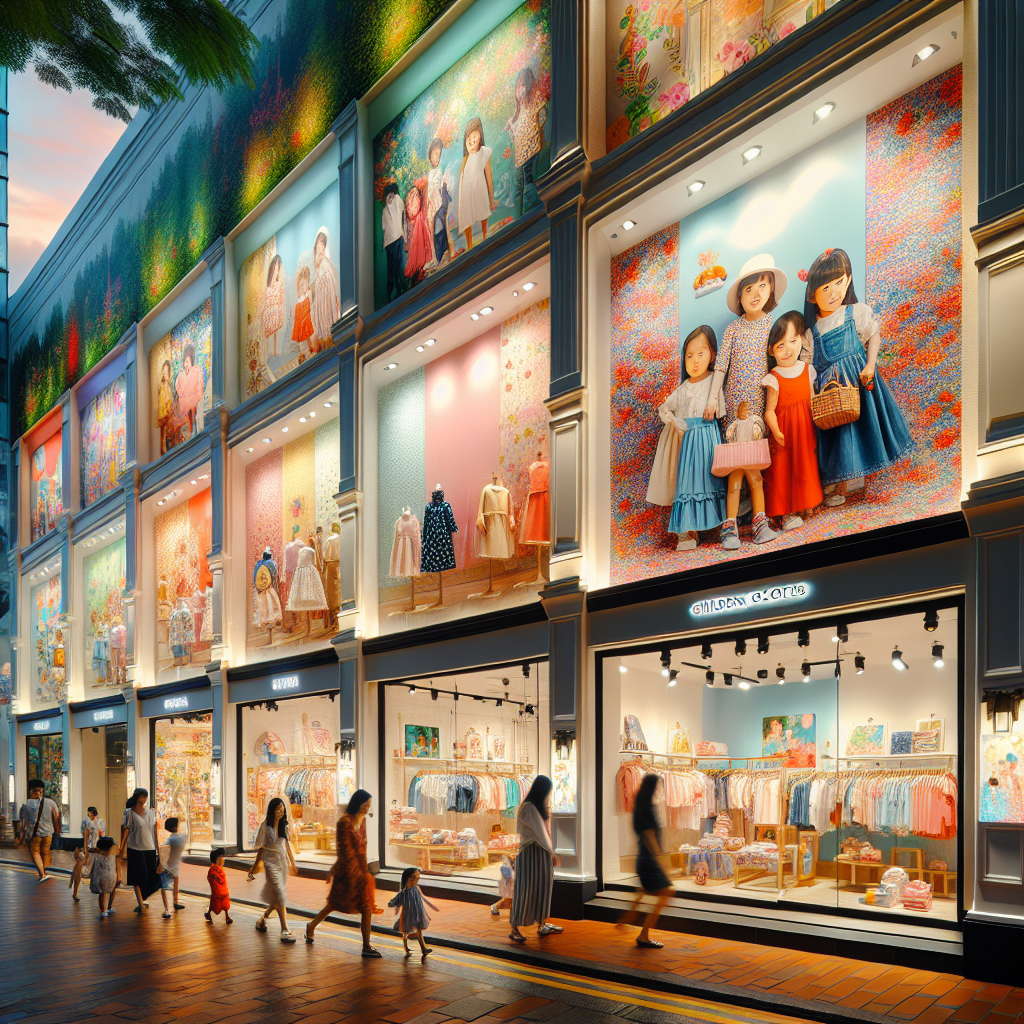 A bustling shopping street in Singapore showcasing colorful children's clothing stores.