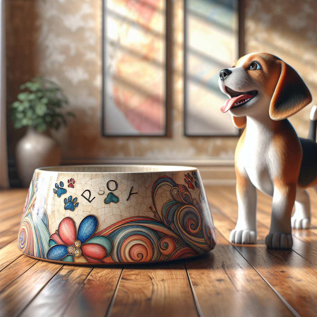 A personalized ceramic pet bowl with colorful patterns and a small joyful dog beside it.