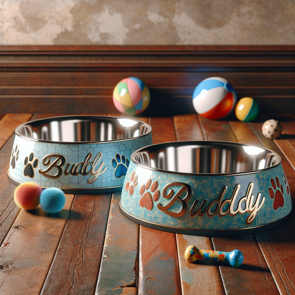 Two print-on-demand pet bowls with unique designs on a wooden floor.