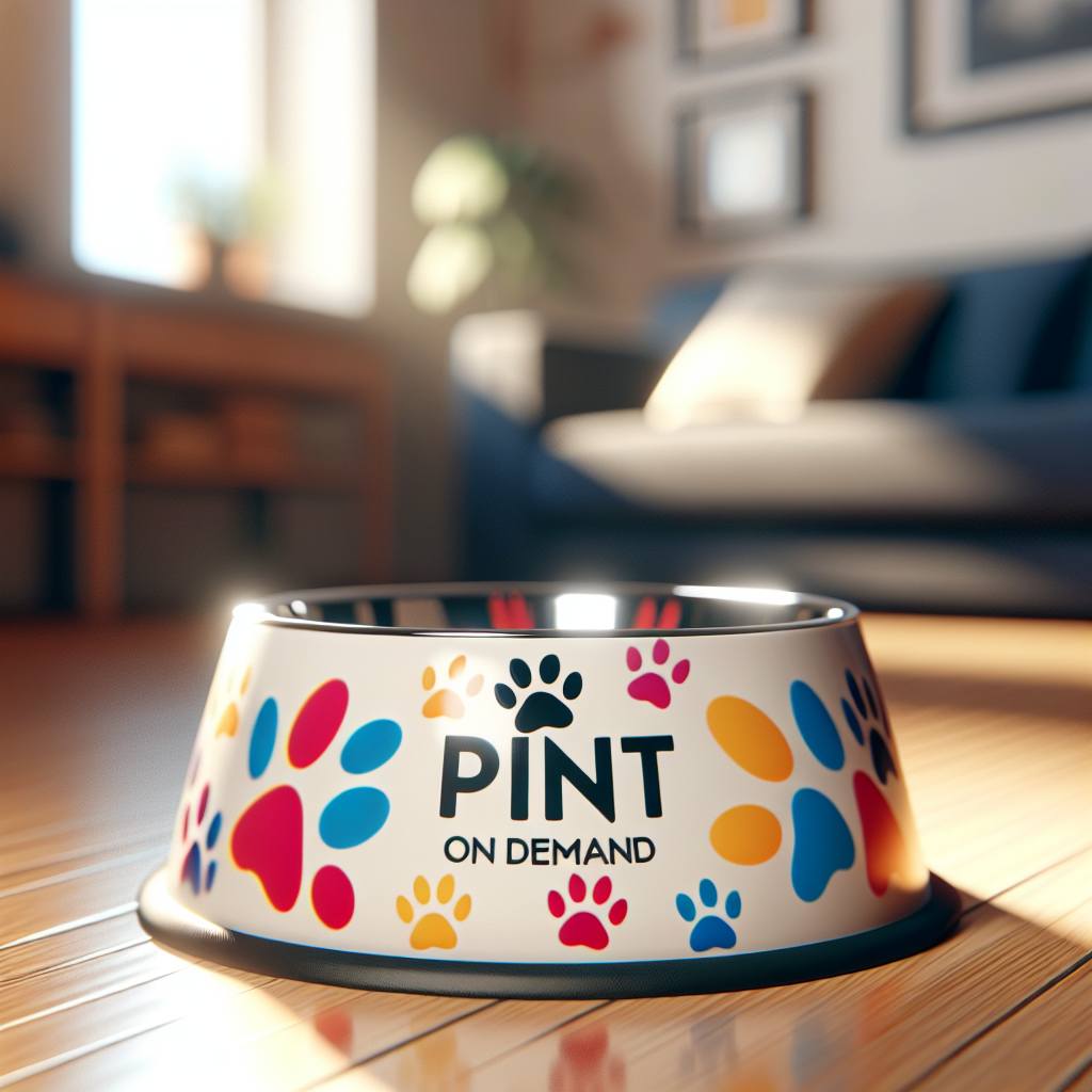 A colorful ceramic pet bowl with playful paw prints on a wooden floor.