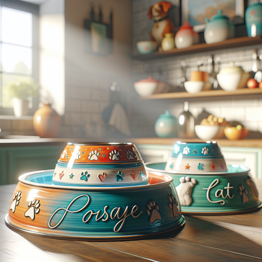 Two colorful customizable pet bowls in a cozy kitchen setting.