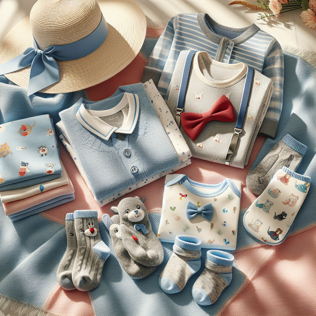 Essential baby boy accessories including hats, socks, bibs, bow ties, and suspenders displayed on a pastel blanket.