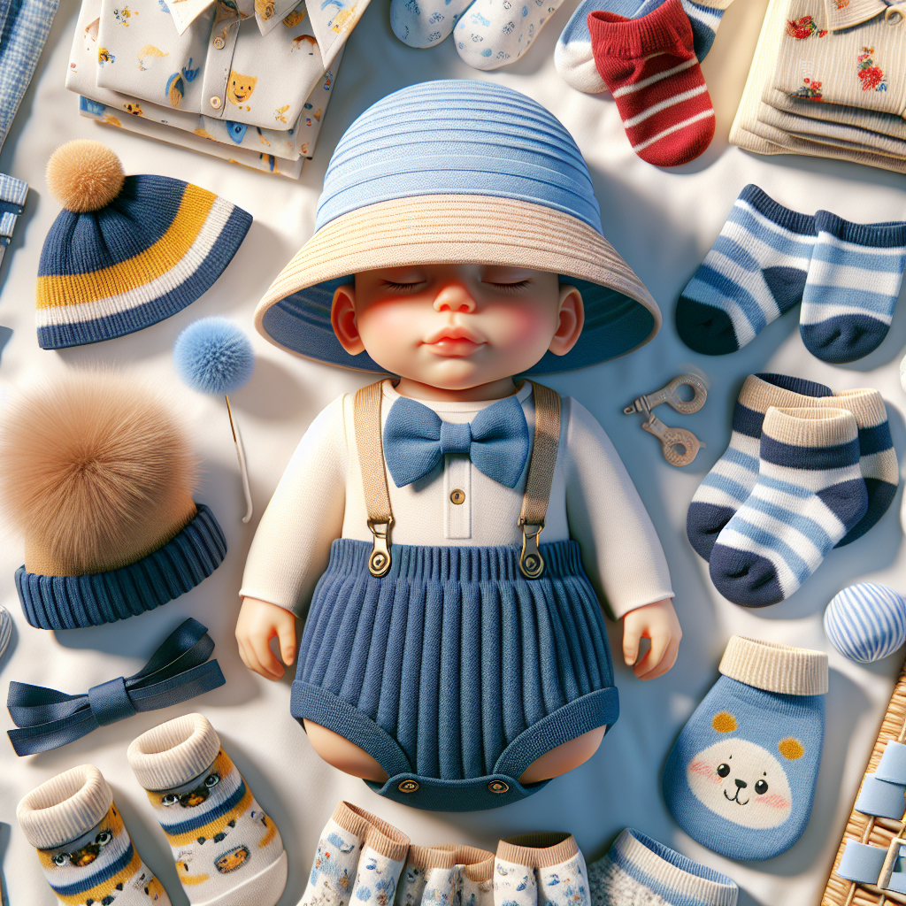 Essential baby boy accessories including hats, socks, bibs, and charming accessories arranged on a soft blanket.