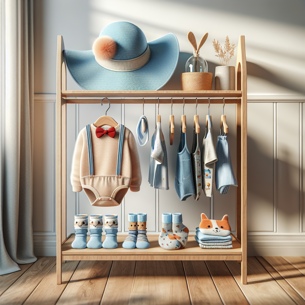 Variety of baby boy accessories including a sun hat, beanie, patterned socks, bibs, bow tie, and suspenders displayed on a shelf.