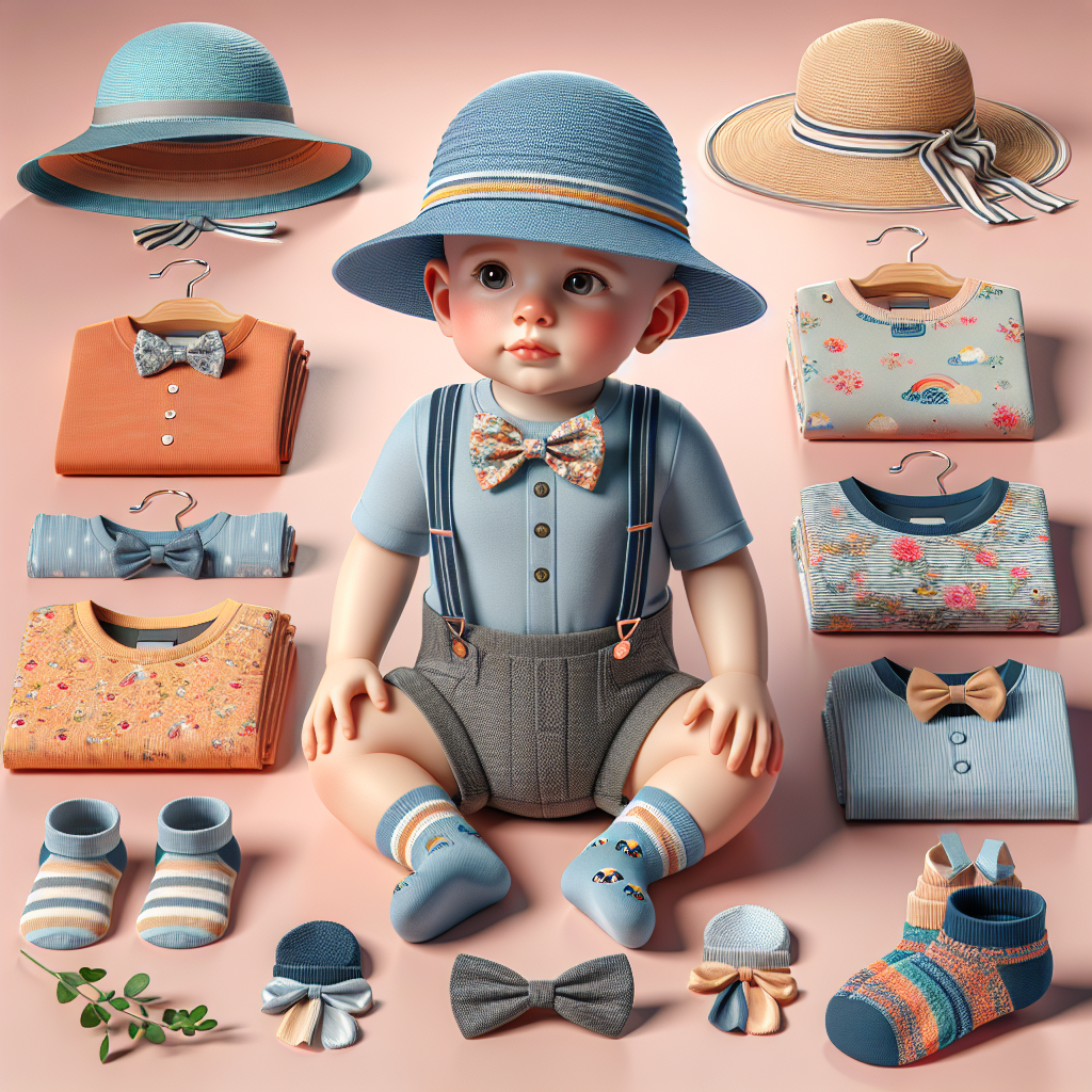 A collection of essential baby boy accessories including hats, socks, bibs, a bow tie, and suspenders.